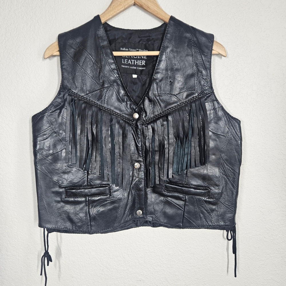 Italian Stone Design Black Leather Fringe Vest Western Biker Patchwork 2X